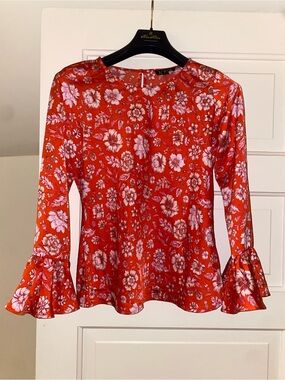 J. Crew XS Red Floral Ruffle-Cuff Blouse